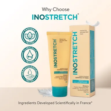 Inostretch Stretch Mark Cream 60gm | Reduce Stretch Marks & Scars with Rutin, Shea Butter, Two Peptides, Coconut oil, Sunflower seed oil, Green Bean seed extract | Paraben Free & Dermatologist Approved Stretch Mark Removal Cream (Pack of 1) thumbnail 4