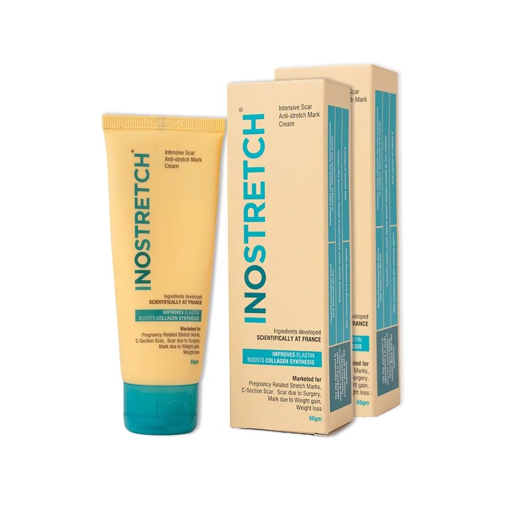 Inostretch Stretch Mark Cream 60gm | Reduce Stretch Marks & Scars with Rutin, Shea Butter, Two Peptides, Coconut oil, Sunflower seed oil, Green Bean seed extract | Paraben Free & Dermatologist Approved Stretch Mark Removal Cream (Pack of 2) image 1