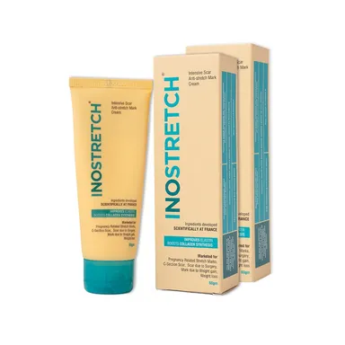 Inostretch Stretch Mark Cream 60gm | Reduce Stretch Marks & Scars with Rutin, Shea Butter, Two Peptides, Coconut oil, Sunflower seed oil, Green Bean seed extract | Paraben Free & Dermatologist Approved Stretch Mark Removal Cream (Pack of 2) thumbnail 0
