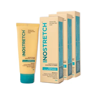 Inostretch Stretch Mark Cream 60gm | Reduce Stretch Marks & Scars with Rutin, Shea Butter, Two Peptides, Coconut oil, Sunflower seed oil, Green Bean seed extract | Paraben Free & Dermatologist Approved Stretch Mark Removal Cream (Pack of 3) thumbnail 0