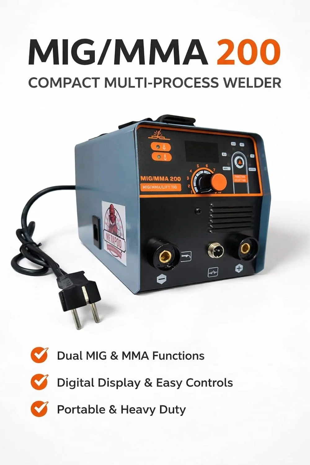 METAPOD MIG MMA 200 Amp Gasless Welding Machine with Dual Function MIG ARC Inverter IGBT Portable Welder for Mild Steel Stainless Steel Iron Home Workshop Use India Gray image 3