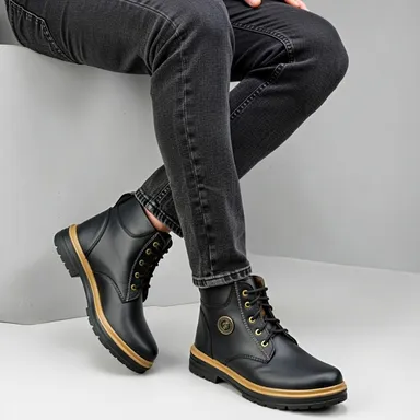 Premium Black Lace-Up Ankle Boots for Men with Durable Synthetic Leather Upper, Cushioned Sole, Wear Winter Boots Size 6 thumbnail 3
