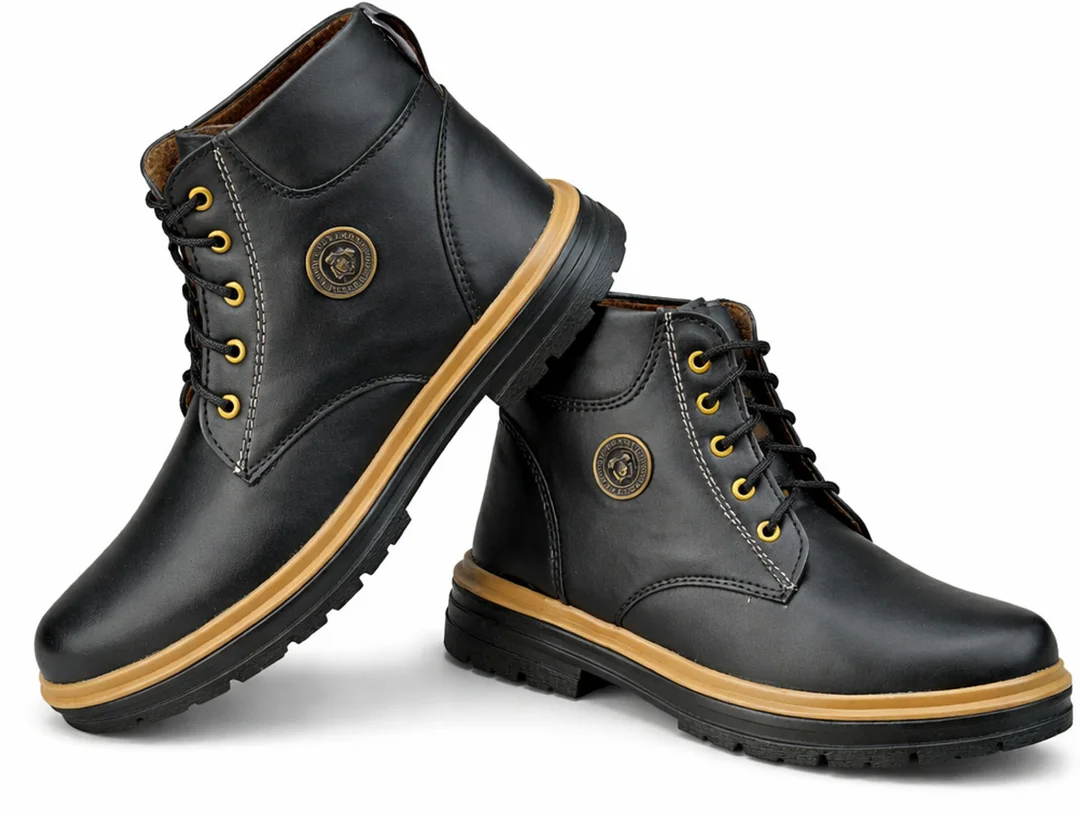 Premium Black Lace-Up Ankle Boots for Men with Durable Synthetic Leather Upper, Cushioned Sole, Wear Winter Boots Size 6 image 1
