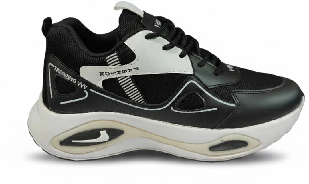 Men Black Sports Shoes with Synthetic Leather Upper, Lace-Up Low Top Flat Sole Running Walking Gym Shoes for Daily Wear Size 7 image 3