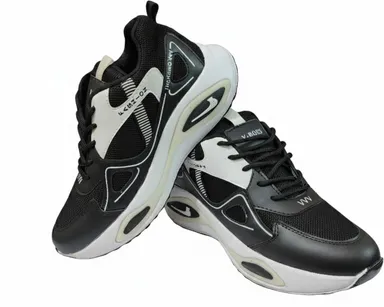 Men Black Sports Shoes with Synthetic Leather Upper, Lace-Up Low Top Flat Sole Running Walking Gym Shoes for Daily Wear Size 8 thumbnail 0