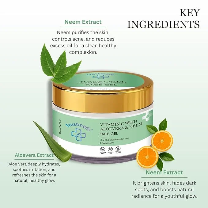 Trustmeds Vitamin C and Neem Face Gel for Acne Prone Skin with Aloe Vera for Pimple Control Dark Spot Reduction Oil Free Hydration and Skin Repair 100 ml Standard Pack 100 ml 500 ML image 4