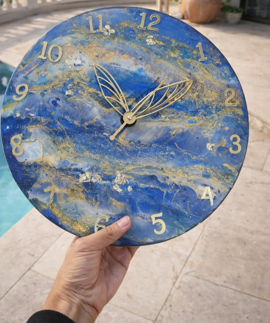 Handmade Ocean Blue Resin Wall Clock for Living Room Home Decor with Silent Quartz Movement Modern Artistic Coastal Wall Hanging Design image 1