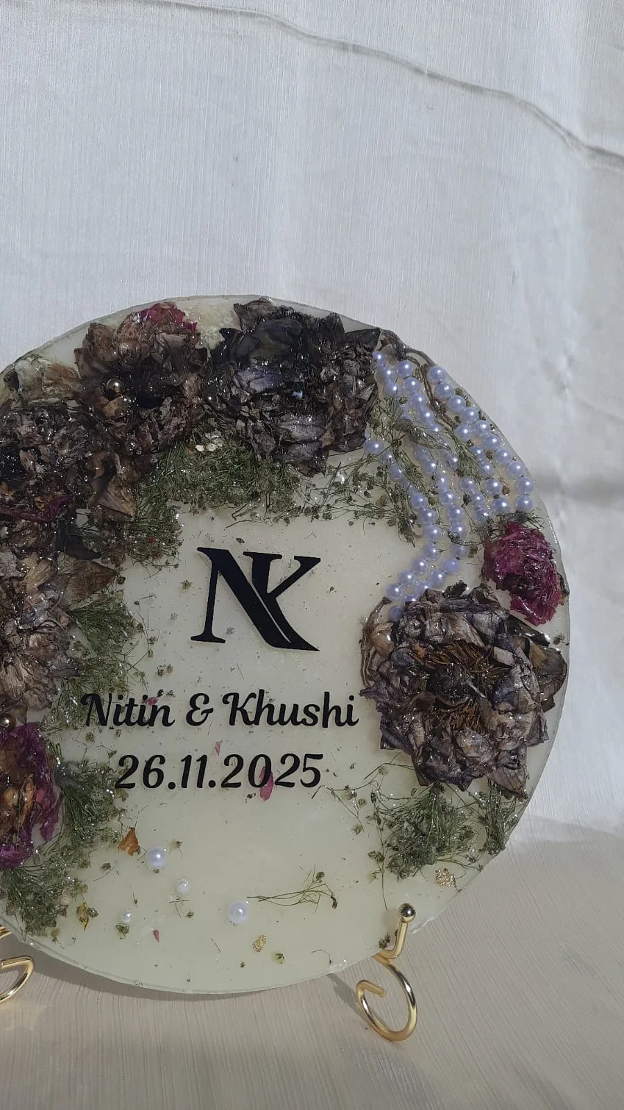 Custom Wedding Varmala Preservation Resin Plaque Keepsake with Real Flowers Names Date Personalised Gift for Couples Home Décor Wall or Table Display Luxury Memory Block image 2