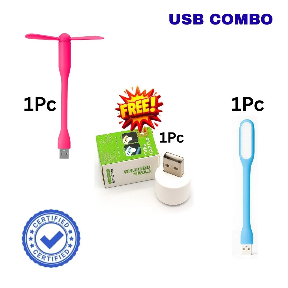 Flexible USB LED Light (1 Pc) + Mini USB Night Light Bulb (1 Pc) + Portable USB Fan (1 Pc) | USB Light & Fan Gadget Combo for Laptop, PC, Mobile & Power Bank image 1