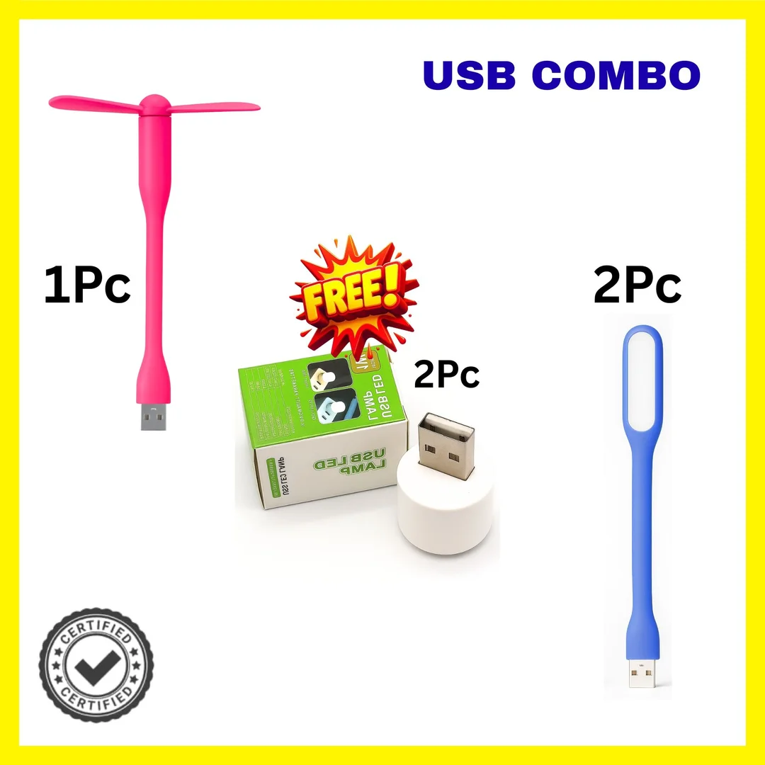Flexible USB LED Light (2 Pc) + Mini USB Night Light Bulb (2 Pc) + Portable USB Fan (1 Pc) | USB Light & Fan Gadget Combo for Laptop, PC, Mobile & Power Bank image 1