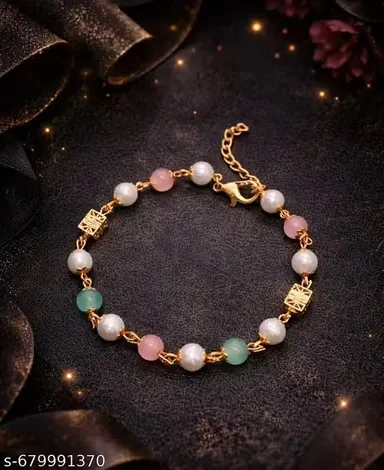 Premium Gold-Tone Beaded Bracelet for Women | Multicolor Pearl & Stone Designer Imitation Jewellery for Daily Wear, Party & Festive Use thumbnail 0
