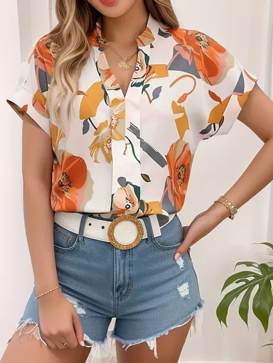 Lightweight Summer Floral Abstract Pattern Top | Women’s Chic Short Sleeve Boho Blouse with V-Neck Mandarin Collar and Oversized Comfortable Fit thumbnail 3