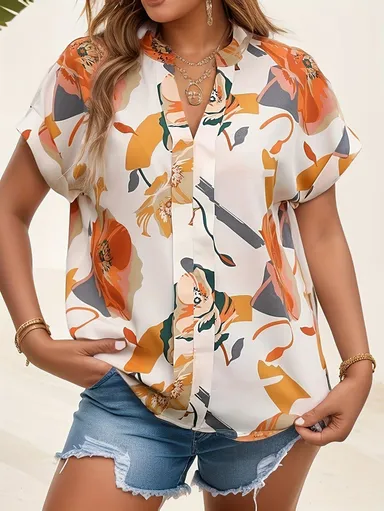 Lightweight Summer Floral Abstract Pattern Top | Women’s Chic Short Sleeve Boho Blouse with V-Neck Mandarin Collar and Oversized Comfortable Fit thumbnail 0