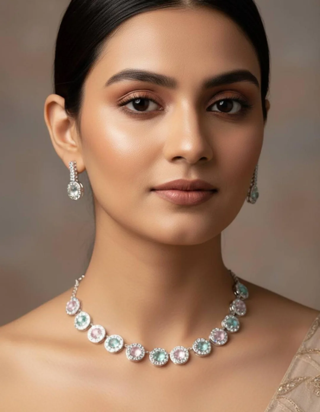 Classic Diamond Necklace Set with Matching Drop Earrings – Elegant Round Diamond Arrangement, Lightweight, Comfortable, Secure Fit for Women Party and Wedding Wear image 1