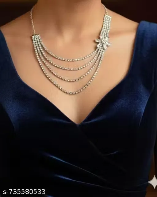 Silver Plated Crystal Necklace Set for Women | Multi-Layer Rhinestone Necklace with Matching Earrings | Party Wear & Bridal Artificial Jewellery Set image 2