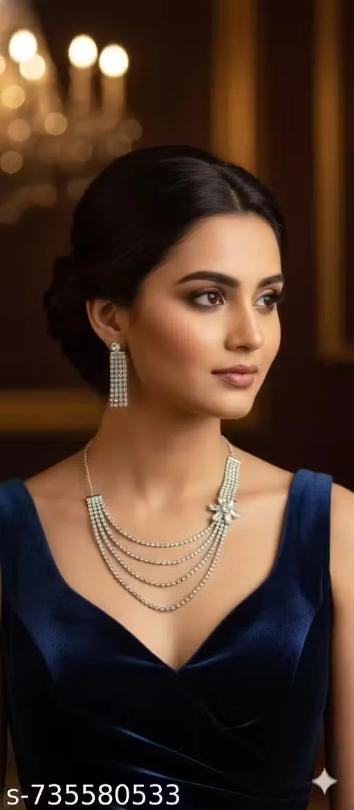Silver Plated Crystal Necklace Set for Women | Multi-Layer Rhinestone Necklace with Matching Earrings | Party Wear & Bridal Artificial Jewellery Set image 3