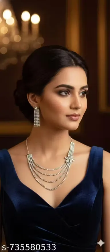 Silver Plated Crystal Necklace Set for Women | Multi-Layer Rhinestone Necklace with Matching Earrings | Party Wear & Bridal Artificial Jewellery Set thumbnail 2
