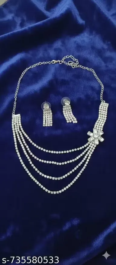 Silver Plated Crystal Necklace Set for Women | Multi-Layer Rhinestone Necklace with Matching Earrings | Party Wear & Bridal Artificial Jewellery Set thumbnail 0