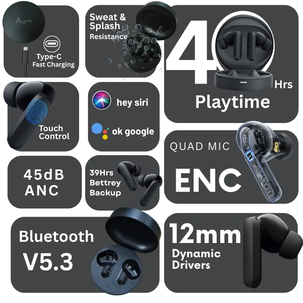VelonPro TWS 40H Playtime, 12mm Drivers, Low Lantcy & 6HD mics Voice Assistant Bluetooth Earbuds- Black image 4