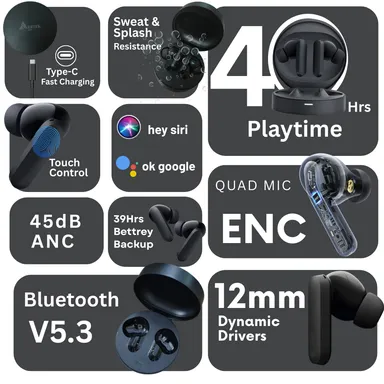 VelonPro TWS 40H Playtime, 12mm Drivers, Low Lantcy & 6HD mics Voice Assistant Bluetooth Earbuds- Black thumbnail 3