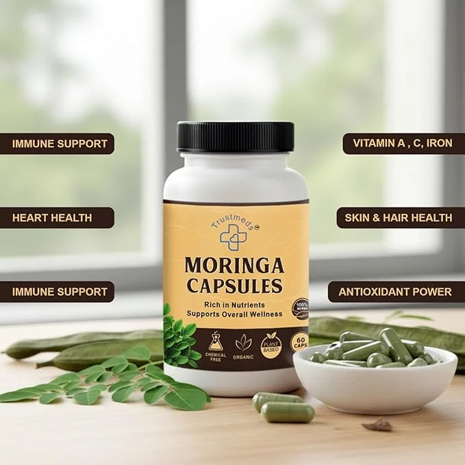 Trustmeds Organic Moringa Oleifera 500 mg Capsules Pack of 2 (120 Capsules) for Immunity Energy Metabolism Skin Glow Plant-Based Drumstick Leaf Extract Supplement for Daily Wellness in India 120 Capsules Combo Pack 270 ML image 2