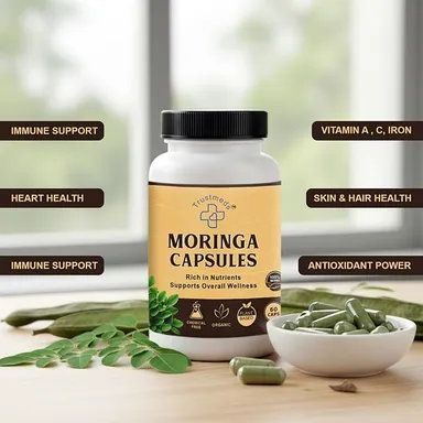 Trustmeds Organic Moringa Oleifera 500 mg Capsules Pack of 2 (120 Capsules) for Immunity Energy Metabolism Skin Glow Plant-Based Drumstick Leaf Extract Supplement for Daily Wellness in India 120 Capsules Combo Pack 270 ML thumbnail 1