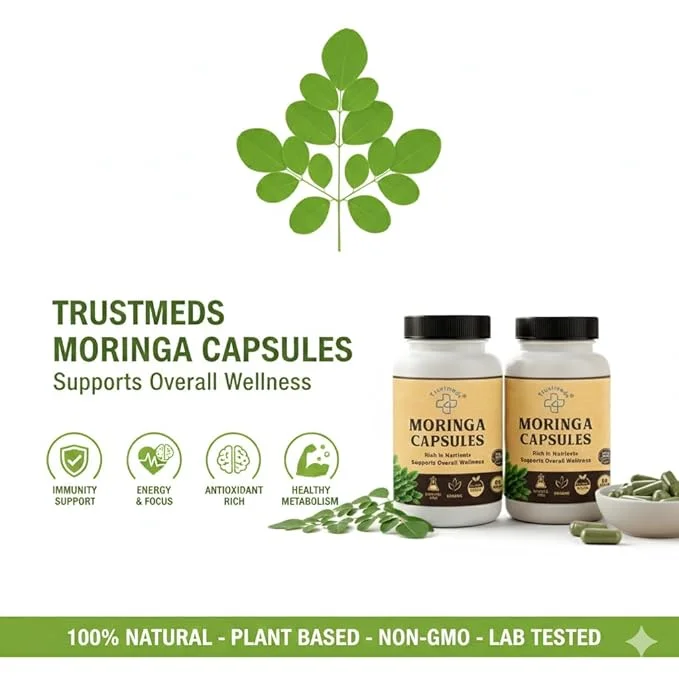 Trustmeds Organic Moringa Oleifera 500 mg Capsules Pack of 2 (120 Capsules) for Immunity Energy Metabolism Skin Glow Plant-Based Drumstick Leaf Extract Supplement for Daily Wellness in India 120 Capsules Combo Pack 270 ML image 4