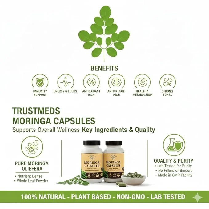 Trustmeds Organic Moringa Oleifera 500 mg Capsules Pack of 2 (120 Capsules) for Immunity Energy Metabolism Skin Glow Plant-Based Drumstick Leaf Extract Supplement for Daily Wellness in India 120 Capsules Combo Pack 270 ML image 5