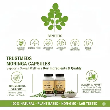 Trustmeds Organic Moringa Oleifera 500 mg Capsules Pack of 2 (120 Capsules) for Immunity Energy Metabolism Skin Glow Plant-Based Drumstick Leaf Extract Supplement for Daily Wellness in India 120 Capsules Combo Pack 270 ML thumbnail 4