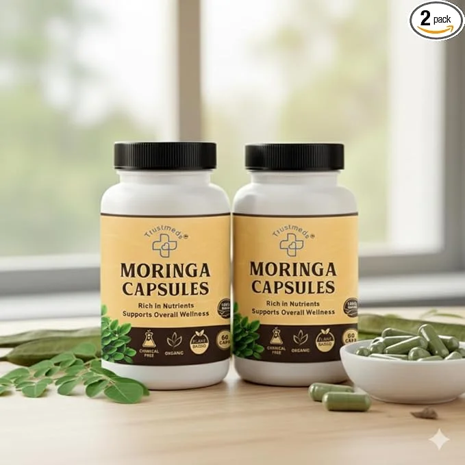 Trustmeds Organic Moringa Oleifera 500 mg Capsules Pack of 2 (120 Capsules) for Immunity Energy Metabolism Skin Glow Plant-Based Drumstick Leaf Extract Supplement for Daily Wellness in India 120 Capsules Combo Pack 270 ML image 1