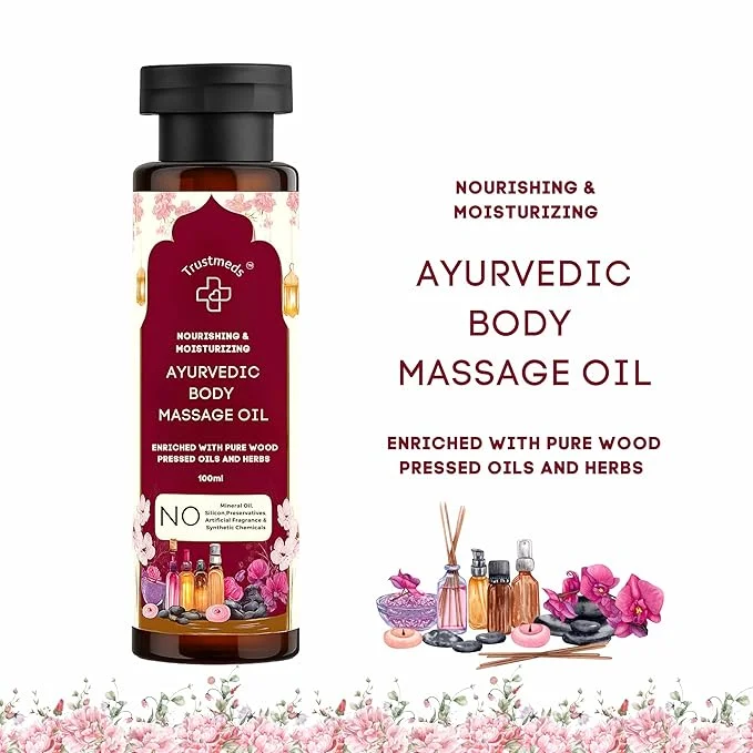Trustmeds Ayurvedic Natural Cold Pressed Body Massage Oil 100ml – 100% Chemical Free Ayurvedic Herbal Blend for Skin Nourishment, Daily Massage, Stress Relief, Muscle Relaxation, Deep Moisture & Soft Smooth Skin 100ml Ayurvedic Herbal Body Massage O image 2