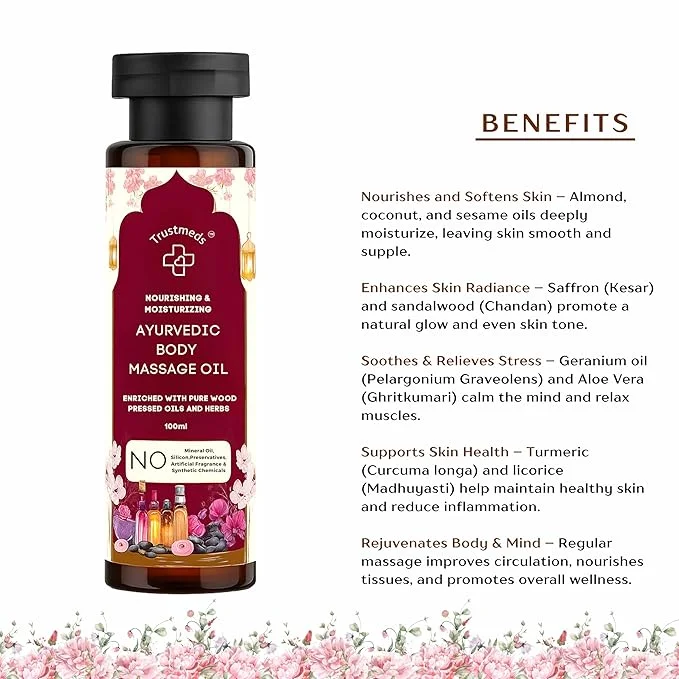 Trustmeds Ayurvedic Natural Cold Pressed Body Massage Oil 100ml – 100% Chemical Free Ayurvedic Herbal Blend for Skin Nourishment, Daily Massage, Stress Relief, Muscle Relaxation, Deep Moisture & Soft Smooth Skin 100ml Ayurvedic Herbal Body Massage O image 3