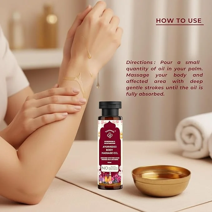 Trustmeds Ayurvedic Natural Cold Pressed Body Massage Oil 100ml – 100% Chemical Free Ayurvedic Herbal Blend for Skin Nourishment, Daily Massage, Stress Relief, Muscle Relaxation, Deep Moisture & Soft Smooth Skin 100ml Ayurvedic Herbal Body Massage O image 5