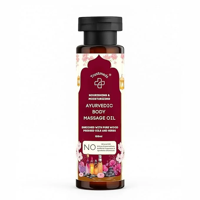 Trustmeds Ayurvedic Natural Cold Pressed Body Massage Oil 100ml – 100% Chemical Free Ayurvedic Herbal Blend for Skin Nourishment, Daily Massage, Stress Relief, Muscle Relaxation, Deep Moisture & Soft Smooth Skin 100ml Ayurvedic Herbal Body Massage O image 1