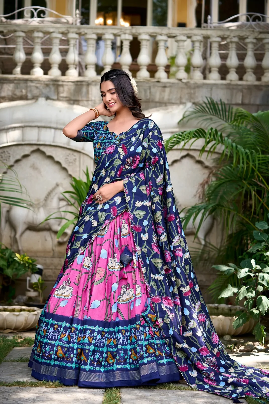 Pink Tussar Silk Patola Print Lehenga Choli with Designer Dupatta for Women | Wedding Festive Traditional Ethnic Party Wear Outfit image 2