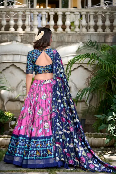 Pink Tussar Silk Patola Print Lehenga Choli with Designer Dupatta for Women | Wedding Festive Traditional Ethnic Party Wear Outfit  thumbnail 2