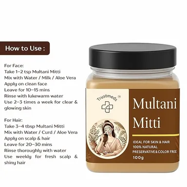 Trustmeds 100% Pure Multani Mitti Powder (100g) for Face & Hair – Natural Fuller’s Earth Clay for Oil Control, Tan Removal, Glowing Skin & Skincare DIY – Chemical & Preservative Free Trustmeds 100% Pure Multani Mitti Powder 100g – Face thumbnail 4