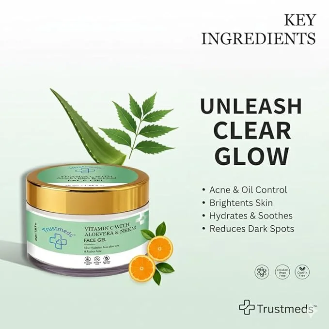 Trustmeds Vitamin C Face Gel with Aloe Vera & Neem 50g Pack of 2 – Hydrating Moisturiser for Radiant Glowing Skin, Even Skin Tone, Dark Spot Reduction Acne Control Oil‑Free Gel 50g Pack of 2 270 ML image 2