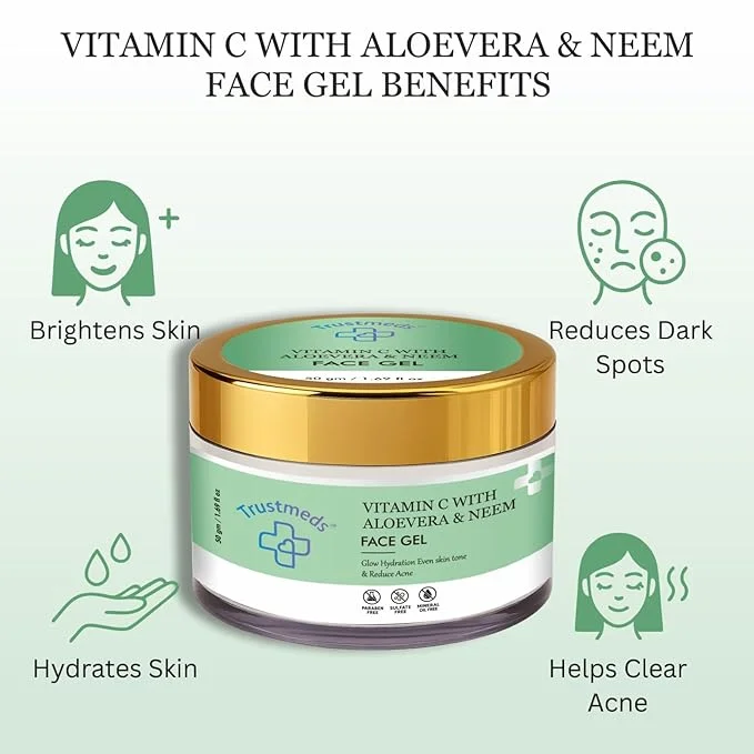 Trustmeds Vitamin C Face Gel with Aloe Vera & Neem 50g Pack of 2 – Hydrating Moisturiser for Radiant Glowing Skin, Even Skin Tone, Dark Spot Reduction Acne Control Oil‑Free Gel 50g Pack of 2 270 ML image 5