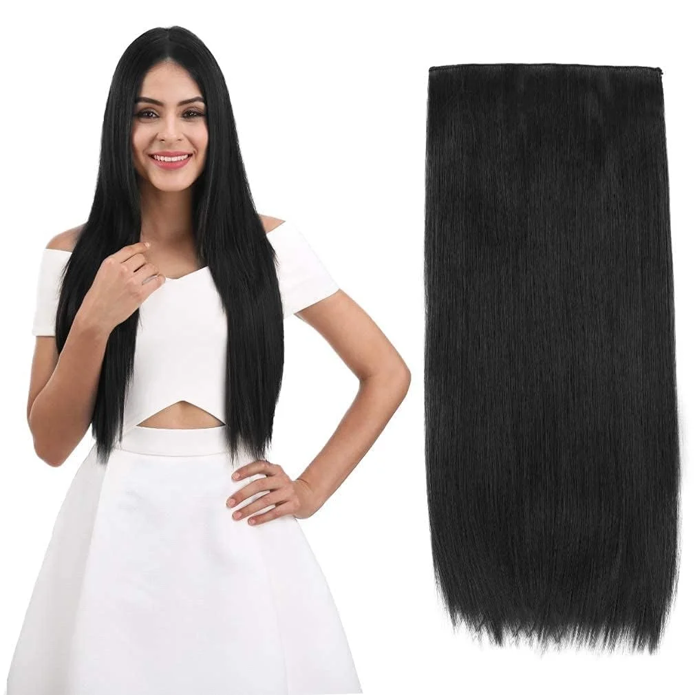 22 Inch Natural Black Straight Clip-In Hair Extensions for Women Heat Resistant Synthetic Fiber 5 Clip Hair Extension Set Adds Instant Length Volume Natural Look Long Straight Hair Piece image 2