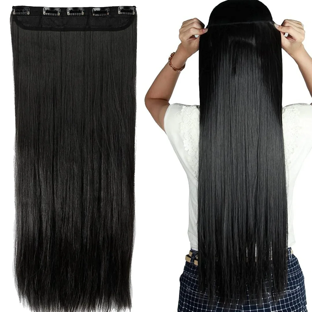 22 Inch Natural Black Straight Clip-In Hair Extensions for Women Heat Resistant Synthetic Fiber 5 Clip Hair Extension Set Adds Instant Length Volume Natural Look Long Straight Hair Piece image 1