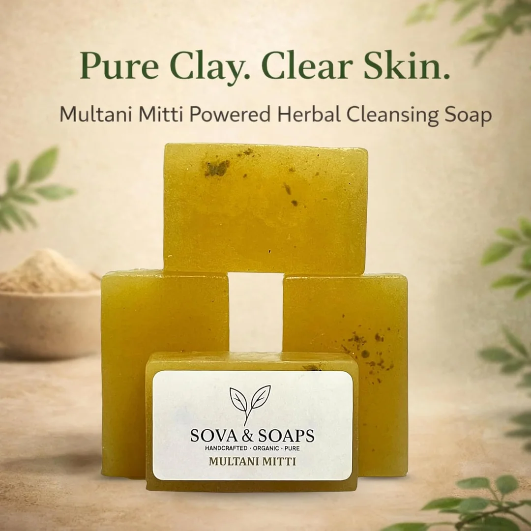 Sova | Soaps Premium Multani Mitti Soap Bar | Handcrafted Organic Herbal Bathing Soap for Radiant Glow & Gentle Refreshment | Natural Detoxifying & Skin Softening Moisturizing Soap for Men and Women pack of 2 image 2