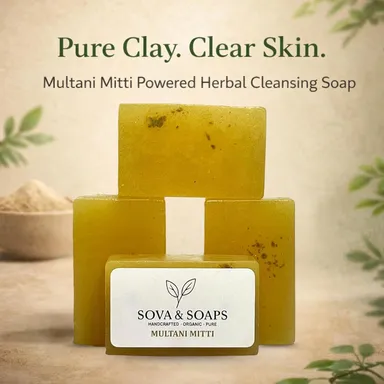 Sova | Soaps Premium Multani Mitti Soap Bar | Handcrafted Organic Herbal Bathing Soap for Radiant Glow & Gentle Refreshment | Natural Detoxifying & Skin Softening Moisturizing Soap for Men and Women pack of 2 thumbnail 1