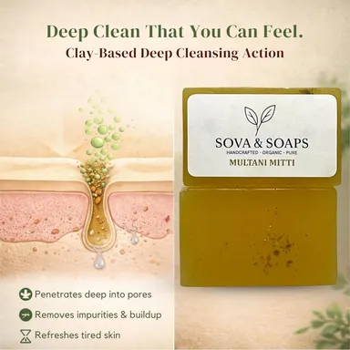 Sova | Soaps Premium Multani Mitti Soap Bar | Handcrafted Organic Herbal Bathing Soap for Radiant Glow & Gentle Refreshment | Natural Detoxifying & Skin Softening Moisturizing Soap for Men and Women pack of 2 thumbnail 2