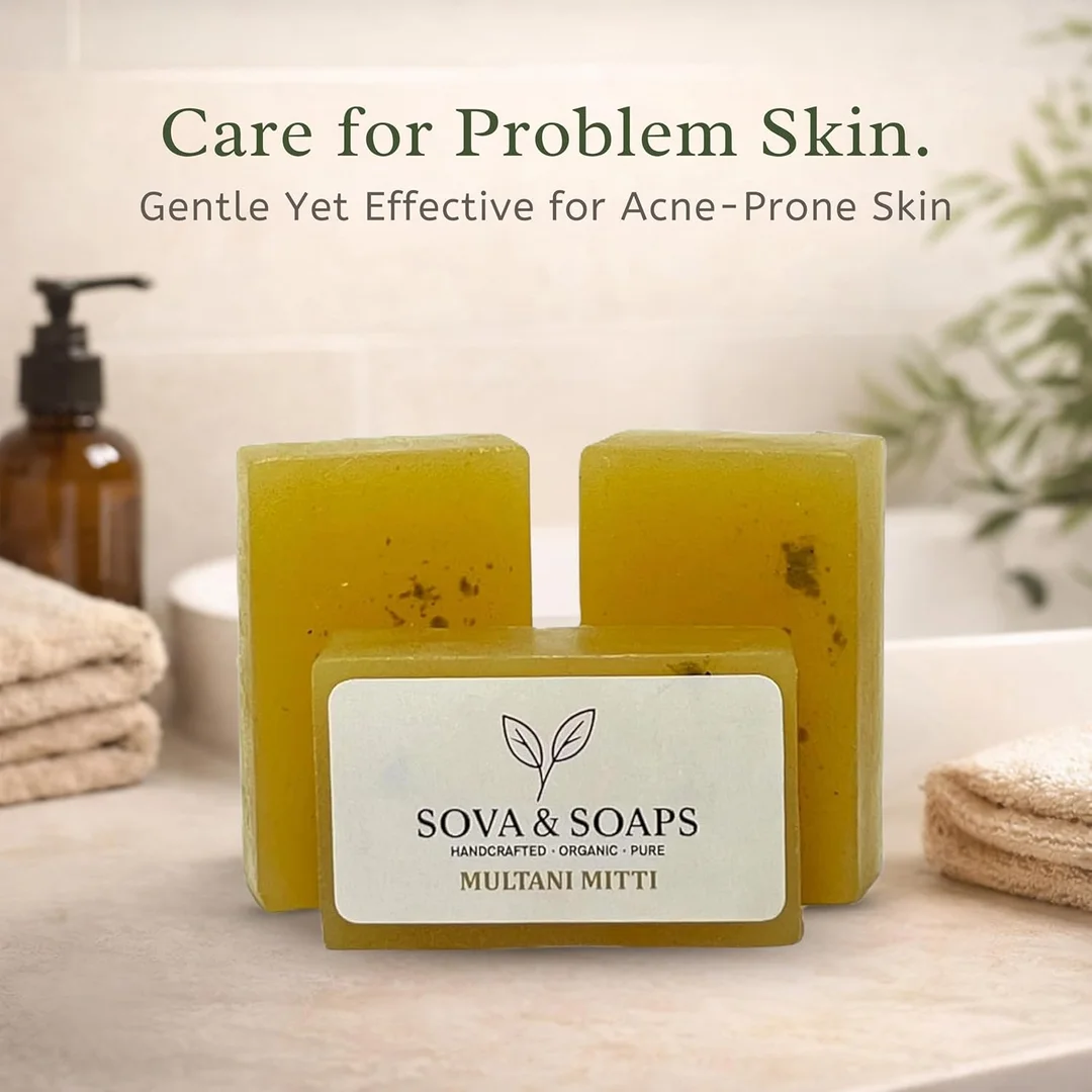 Sova | Soaps Premium Multani Mitti Soap Bar | Handcrafted Organic Herbal Bathing Soap for Radiant Glow & Gentle Refreshment | Natural Detoxifying & Skin Softening Moisturizing Soap for Men and Women pack of 2 image 4