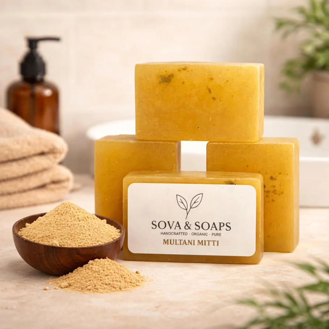 Sova | Soaps Premium Multani Mitti Soap Bar | Handcrafted Organic Herbal Bathing Soap for Radiant Glow & Gentle Refreshment | Natural Detoxifying & Skin Softening Moisturizing Soap for Men and Women pack of 2 image 5