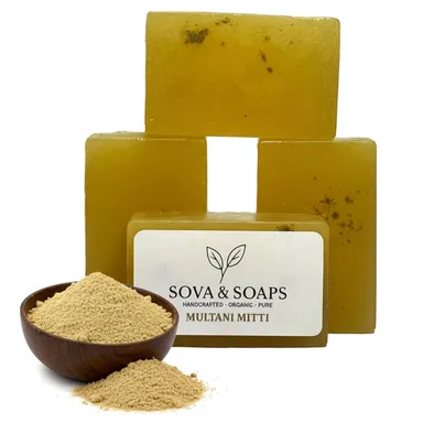 Sova | Soaps Premium Multani Mitti Soap Bar | Handcrafted Organic Herbal Bathing Soap for Radiant Glow & Gentle Refreshment | Natural Detoxifying & Skin Softening Moisturizing Soap for Men and Women pack of 2 thumbnail 0