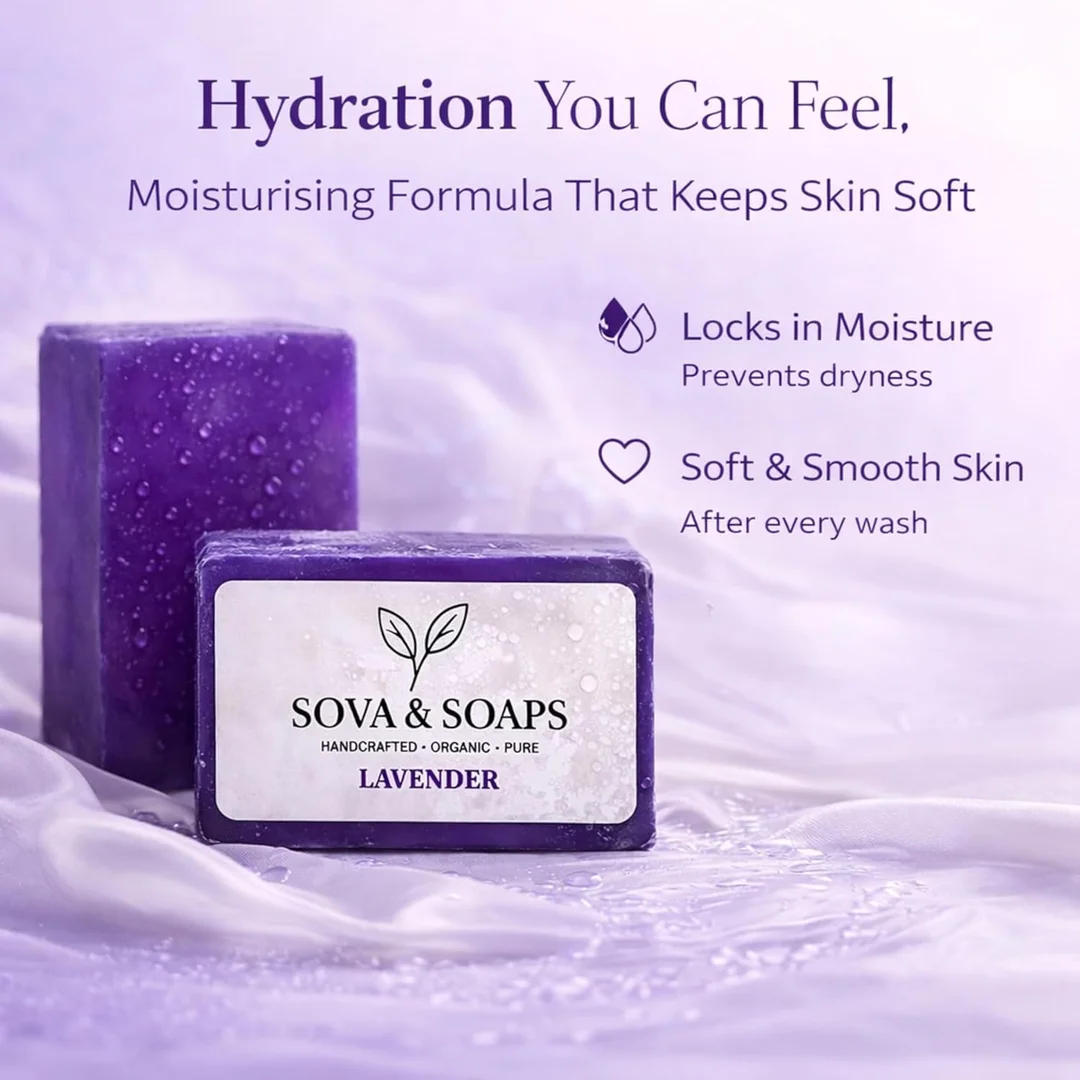 Sova & Soaps Premium Lavender Handcrafted Herbal Soap Bar | Set of 4 | 100% Organic & Pure Natural Moisturizing p for Gentle Cleansing, Skin Refreshment & Aromatherapy Relaxation | Vegan & Sulfate-Free Daily Body Wash for All Skin Types image 2