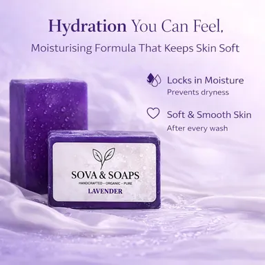 Sova & Soaps Premium Lavender Handcrafted Herbal Soap Bar | Set of 4 | 100% Organic & Pure Natural Moisturizing p for Gentle Cleansing, Skin Refreshment & Aromatherapy Relaxation | Vegan & Sulfate-Free Daily Body Wash for All Skin Types thumbnail 1
