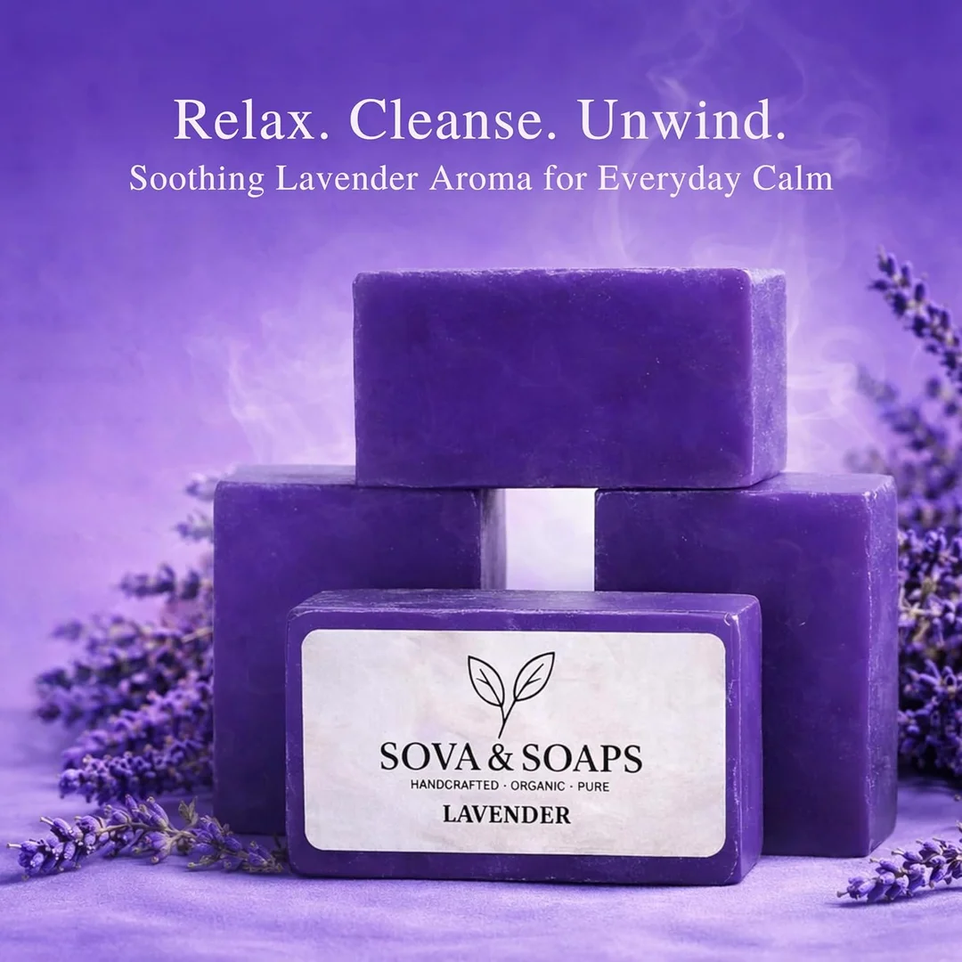Sova & Soaps Premium Lavender Handcrafted Herbal Soap Bar | Set of 4 | 100% Organic & Pure Natural Moisturizing p for Gentle Cleansing, Skin Refreshment & Aromatherapy Relaxation | Vegan & Sulfate-Free Daily Body Wash for All Skin Types image 4